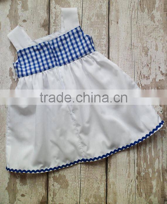 Wholesale Price Blue Grid With Bottom Ric Rac Short Frock Casual Dress