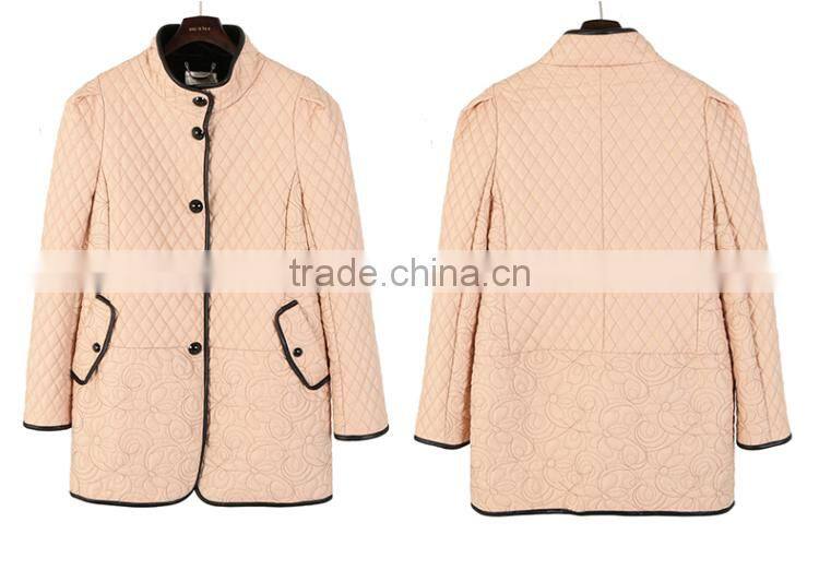 Ladies Quilted Stand Collar With Leather Trim Jacket