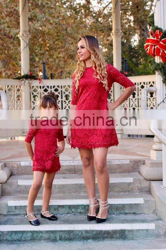 Lace Red Dress Matching Outfits Mother Daughter Party Dress