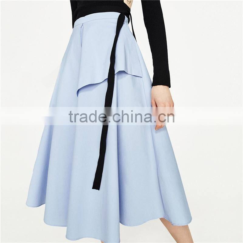 2017 OEM Spring Pure Wathet Blue Layered Long High Waisted Skirts
