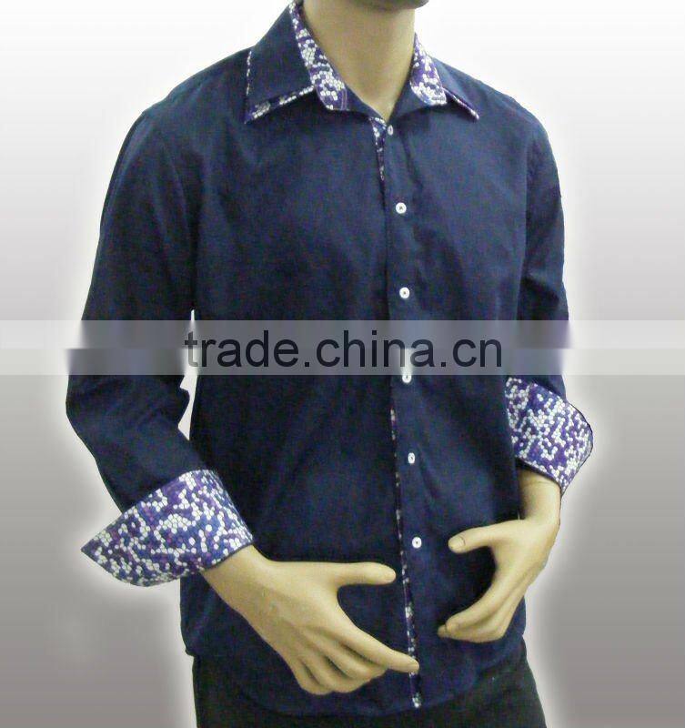 100%Organic cotton High quality Fancy dark blue men shirt with Double collar and Embroidered logo