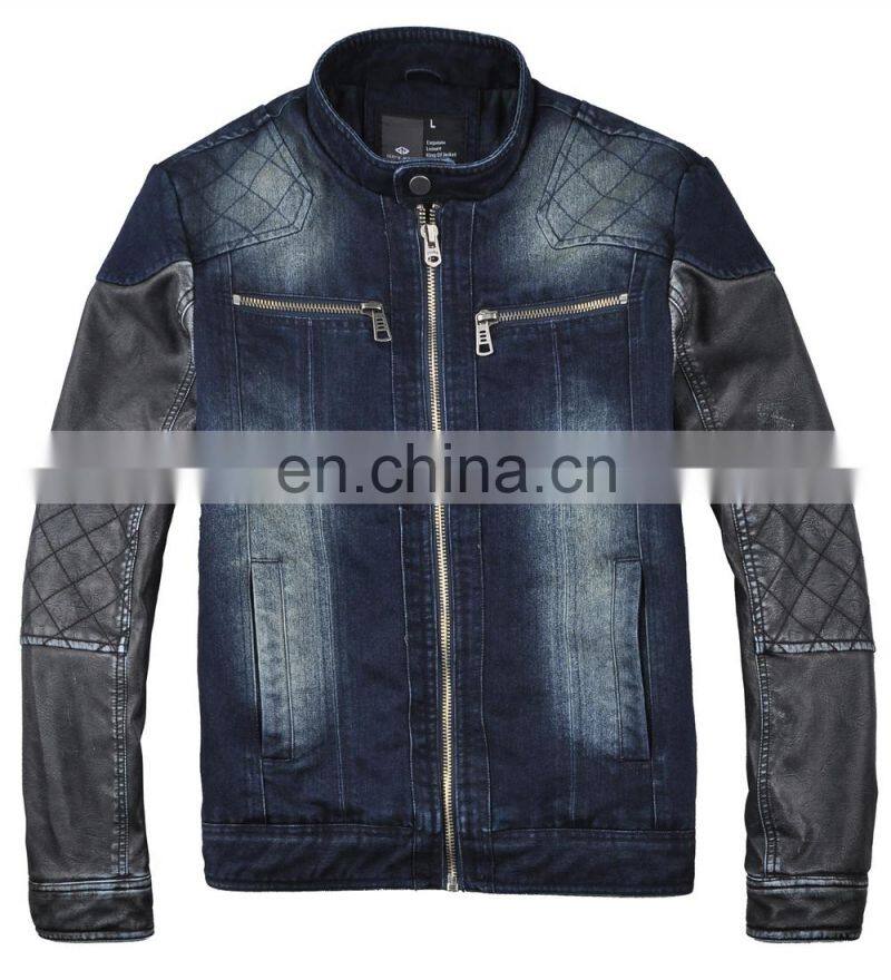 lastest design mens spring denim varisty jacket with leather sleeves