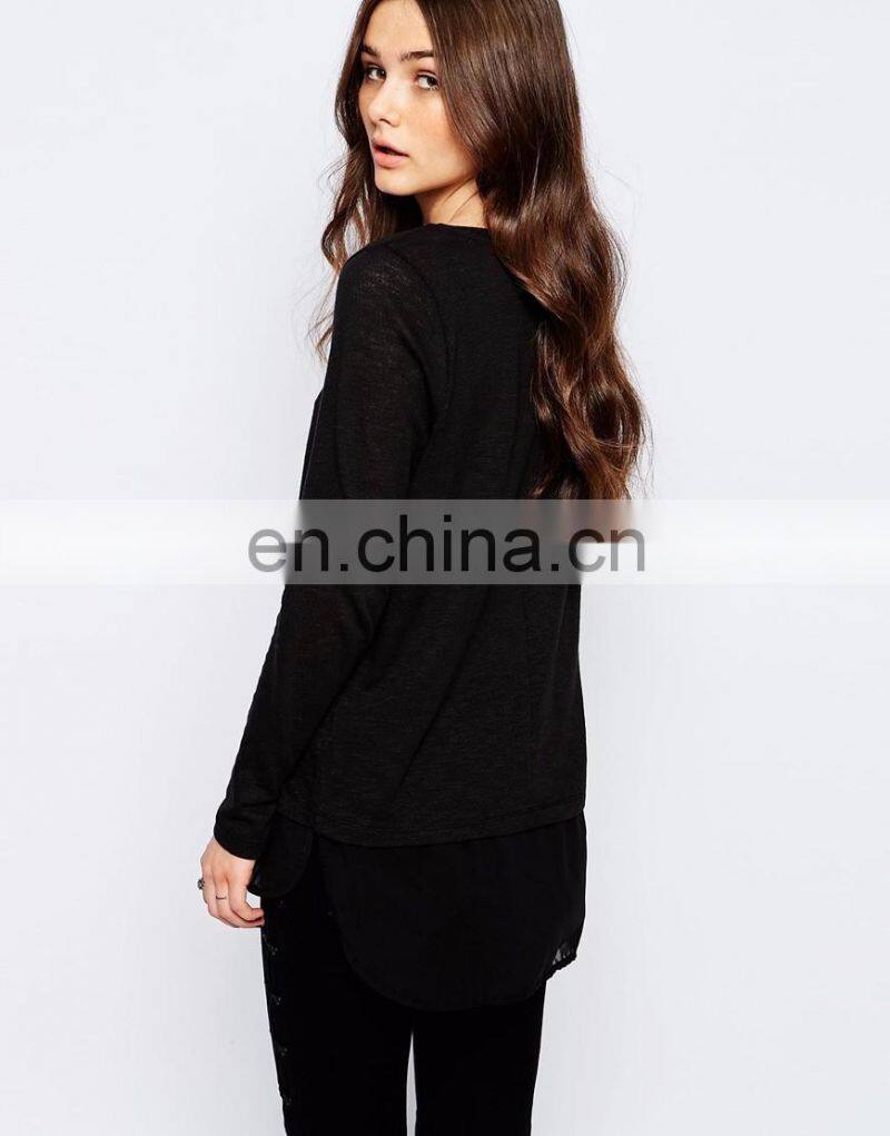 High quality woman knit Long sleeves blouse in black color with chiffon hem