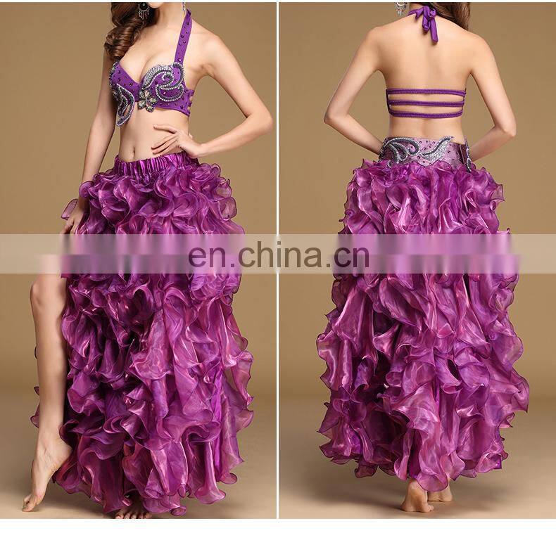 Q-6051 Plus size long organza wave performance belly dance skirt with slit