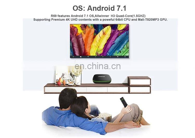 Hot selling Allwinner H3 chip android tv box 1/2GB 8/16GB R69 with 2.4G wifi android smart tv box