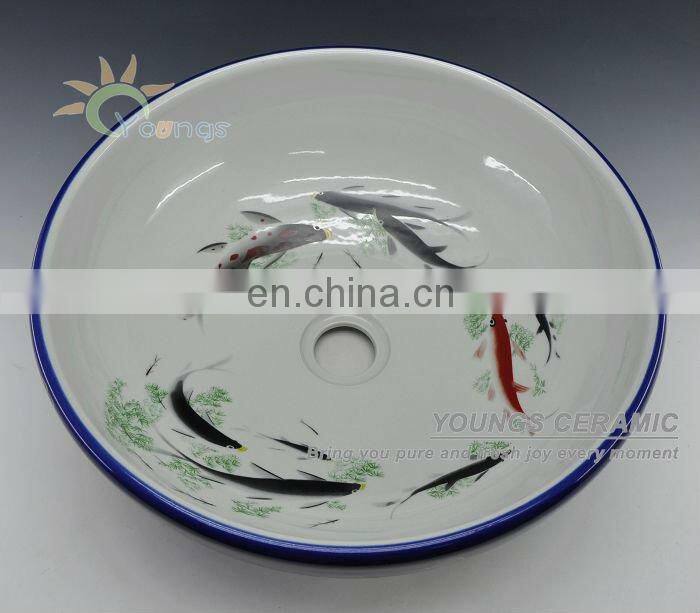 Art Chinese Hand Painted Fish Lotus Porcelain Bathroom Wash Basin For Hotel /Bar