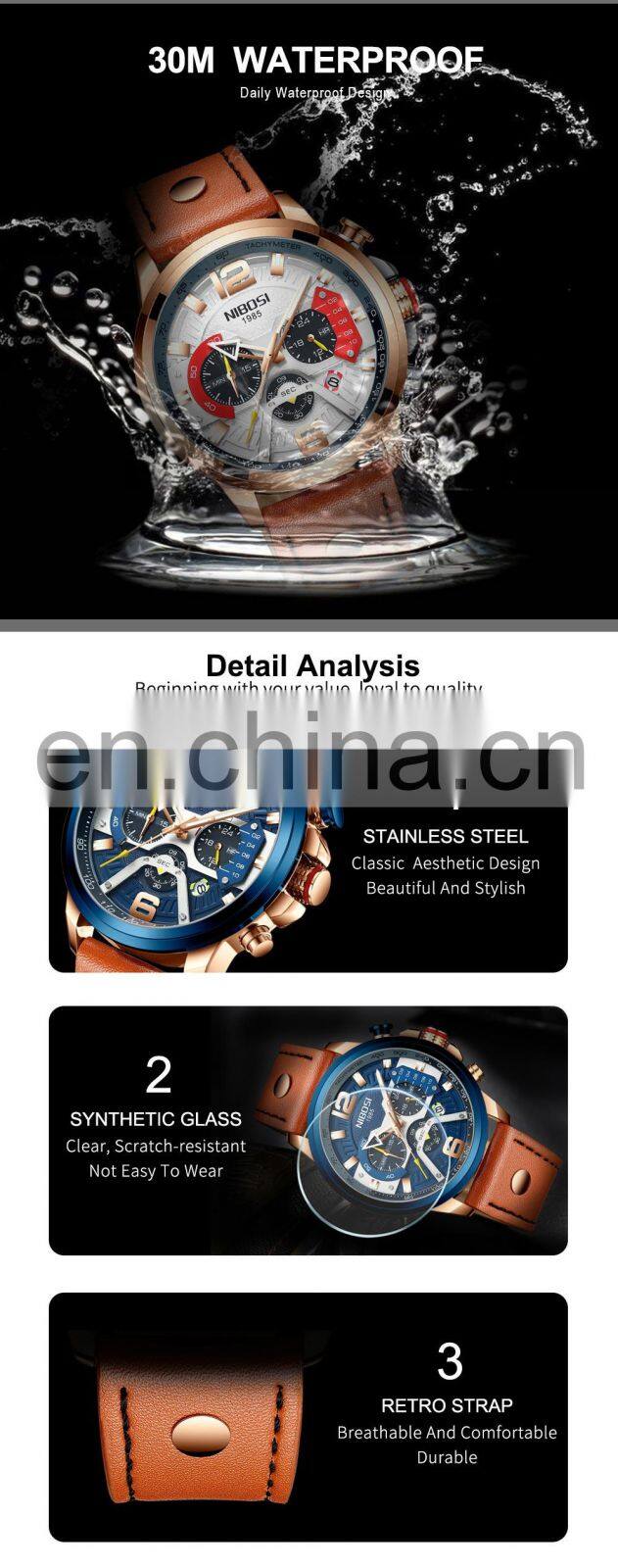 NIBOSIop Brand Man Watches with Chronograph Sport Waterproof Clock Military Luxury Men's Watch Analog Quartz