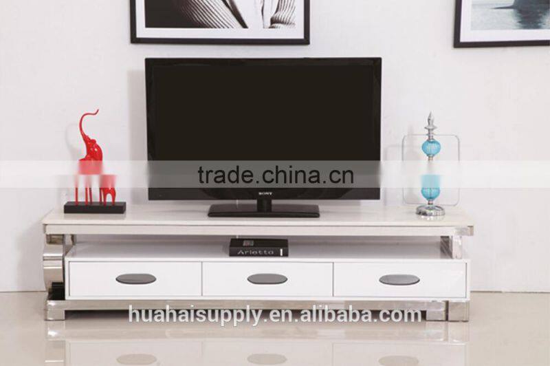 Living room furniture design marble top TV stand stainless steel legs LCD cabinet