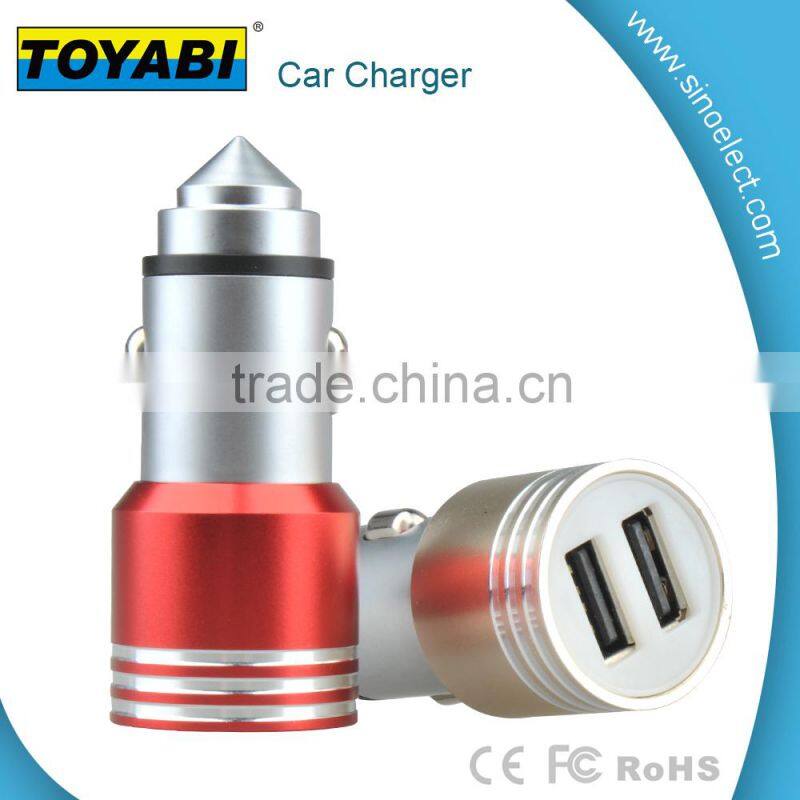 Stainless Steel Dual Port Car Charger for Mobile Phones Safety Hammer Window Broken Quick Charging Portable 2 USB Car Charger