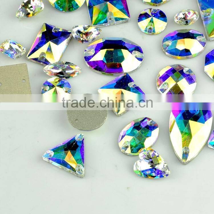 New blue flare crystal AB sew on stones, blingbling Oval & Rivoli & Navette shaped sew on crystal rhinestones