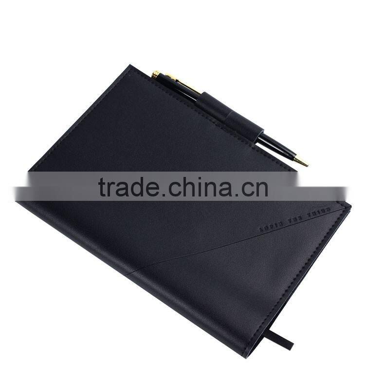 Black fashionable a5 refillable genuine leather notebook with pen attached