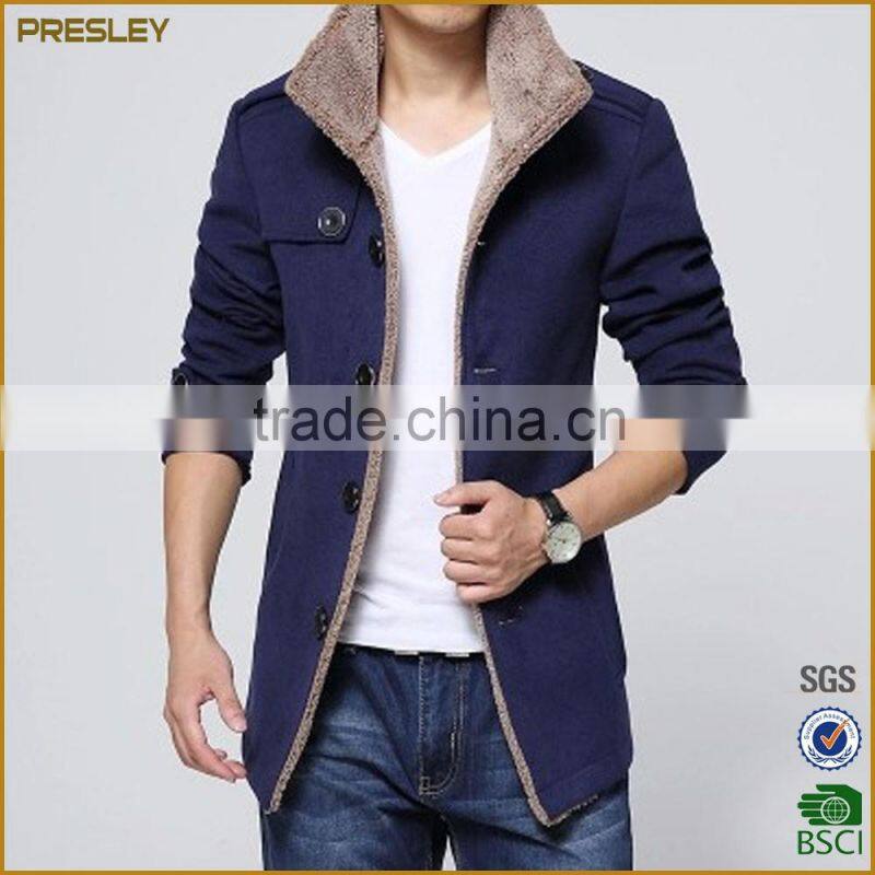 2016 new fashion men's woolen long jackets warm winter jacket coat with fur fleece inside