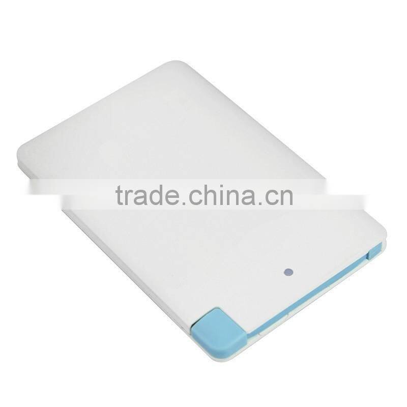 Easy carry promotional gift ultra thin 2500mAh credit card power bank with built in micro usb cable and i phone adapator