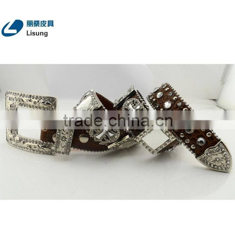 Men's Handmade Crocodile Leather Rhinestone Western Belts