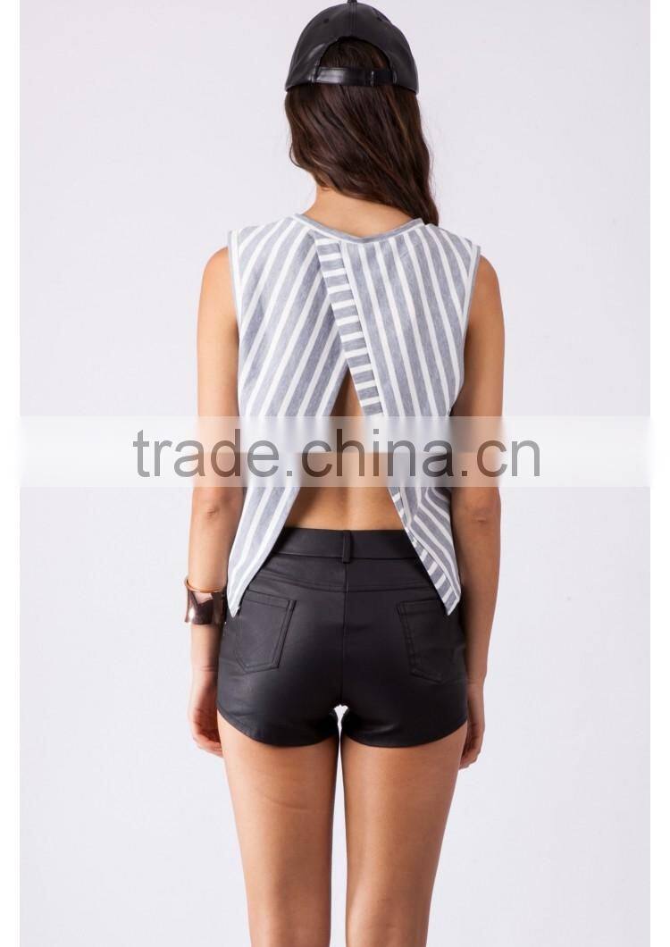 2016 women clothing, designer clothing manufacturers in china, private label women knitted sleeveless stripe top with split back