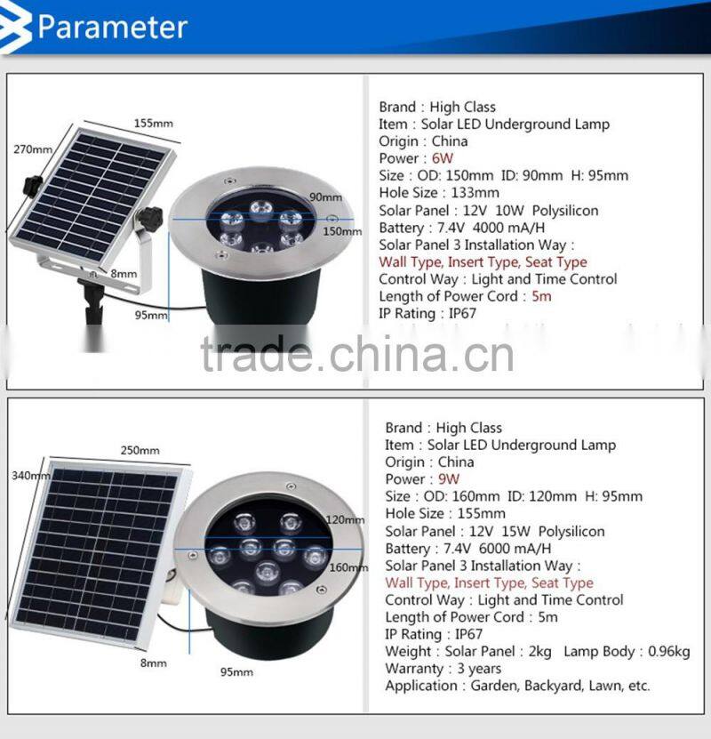 12V 6W 9W Outdoor Waterproof LED Underground Solar Lamp for Garden Backyard Park Square Landscape Lighting