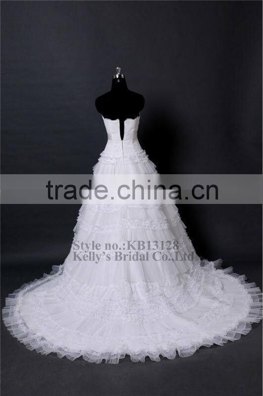 Muslim style strapless A-line layered lace summer wedding dresses