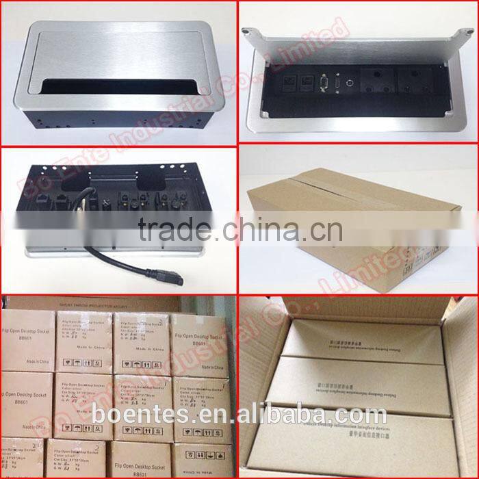 Aluminum Brushed Panel Flip Up Desktop Power Socket Box with Network Data for Office AV Solutions