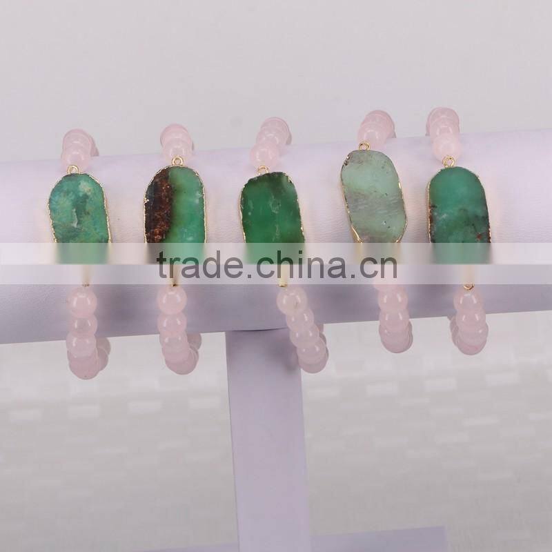 Gold Plated Australia Jade Connector Druzy Bracelet, Rose Quartz Stone Beaded Bracelets