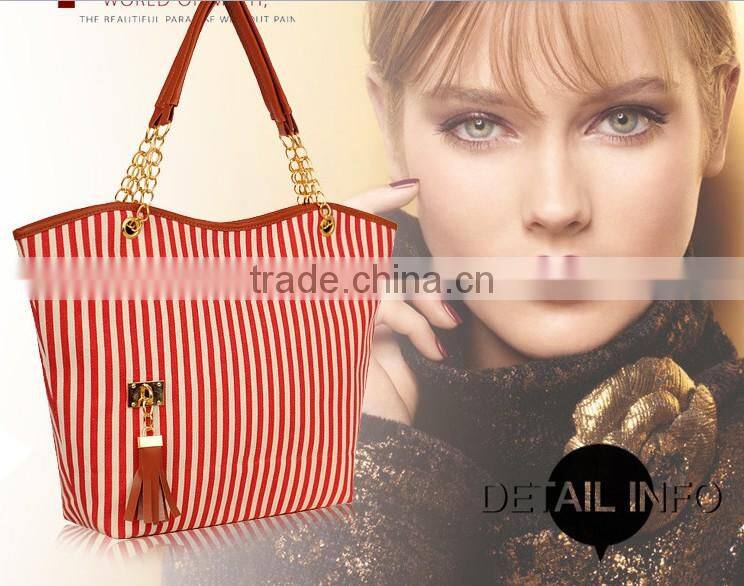 2013 Latest Design Women's Handbag Stripe Canvas Bag Chain Tassel Hangings Handbag Fashion Bag