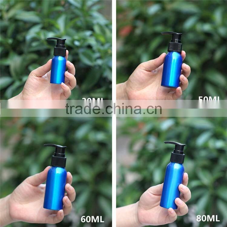 Wholesale 30ML-500ML blue aluminum bottle with lotion pump for cosmetic packaging aluminum pump bottle