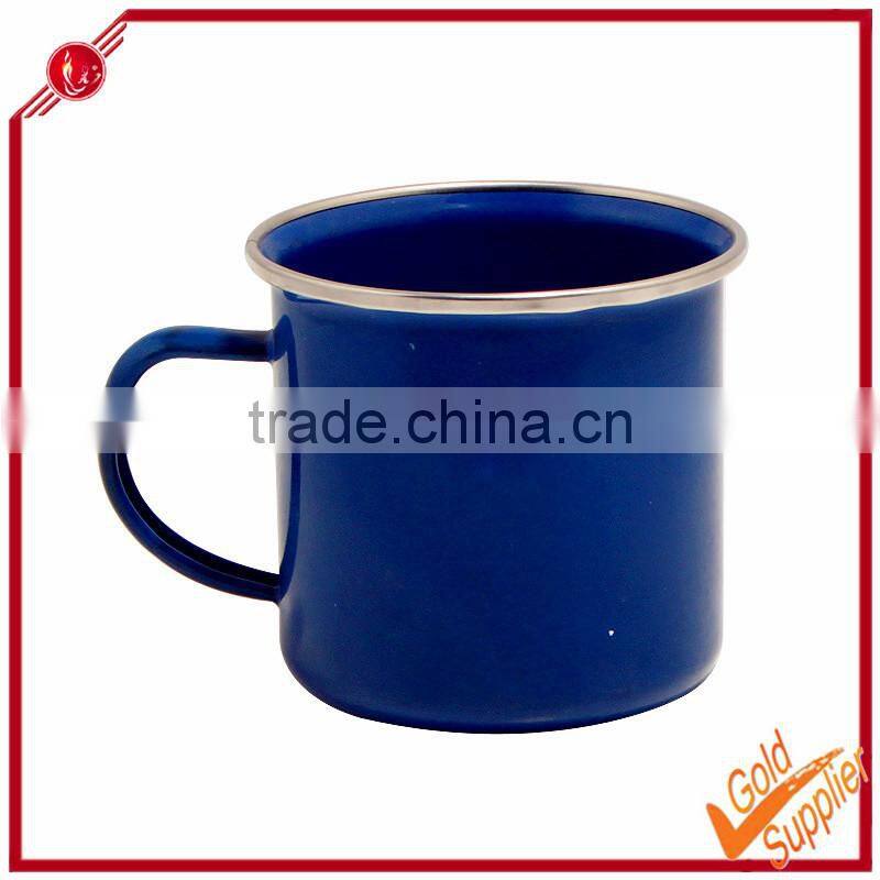 Blue enamel mug with stainless steel rim mug for sublimation