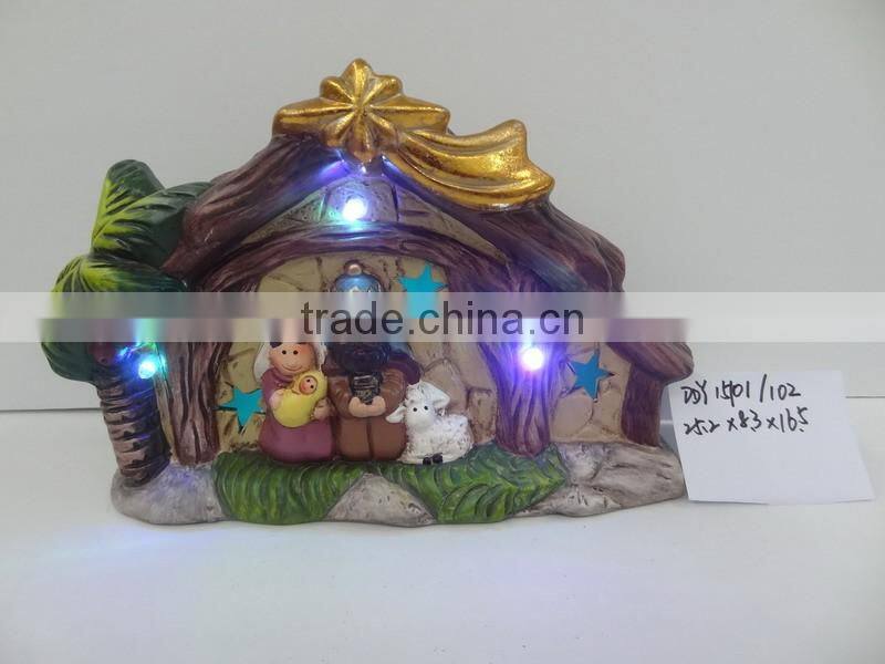Antique ceramic nativity house scene figurines set with led lights