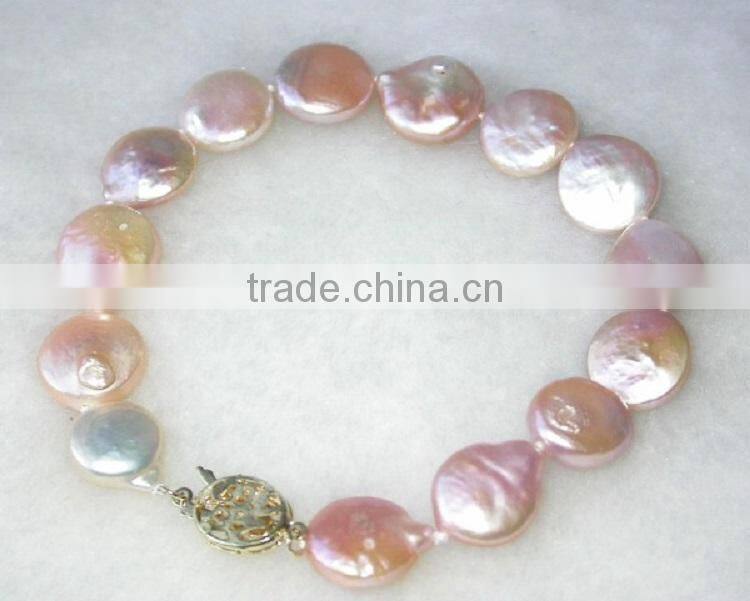 ladies designs 4-5mm coin shape pink freshwater pearl bracelet