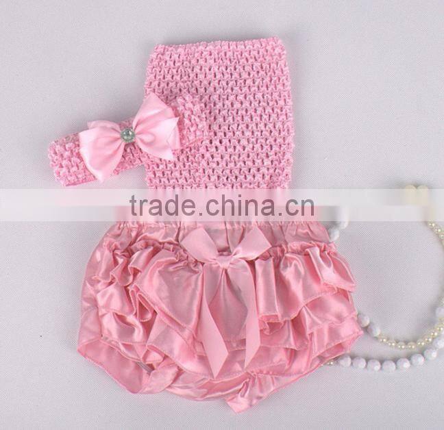 Hot sell Adorable baby diaper and crochet tube top3 sets , satin baby bloomers, baby ruffle bloomers