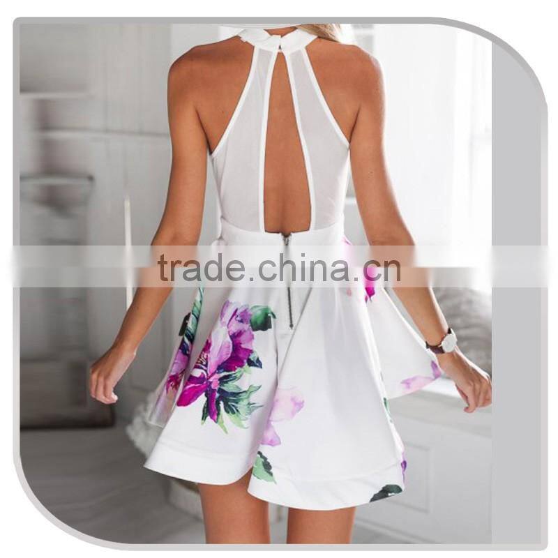Summer halter one piece hollow out dress 2016 keyhole flower print A line simple casual dress