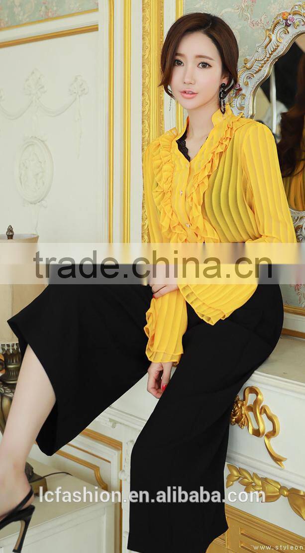 Fashion Summer peated blouse with long sleeve and ruffle design