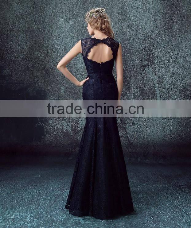 sexy backless navy blue lace long model party evening dress
