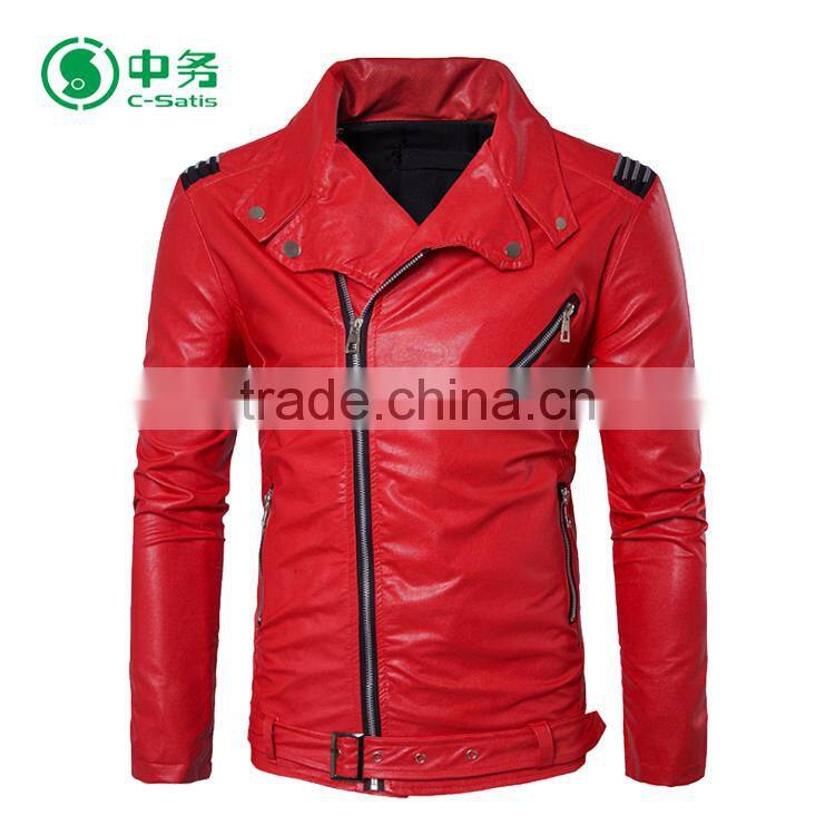 Fashion Style Multi Zippers Windproof Mens White / Red / Black Punk Leather Jacket for Sale