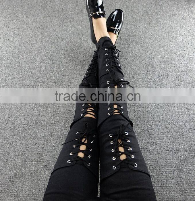 M1192 Runwaylover hollow cross bandage tight pants autumn demin pants