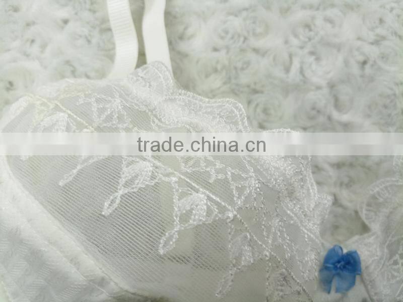 New design young ladies white embroidered blue bow bra and panty set