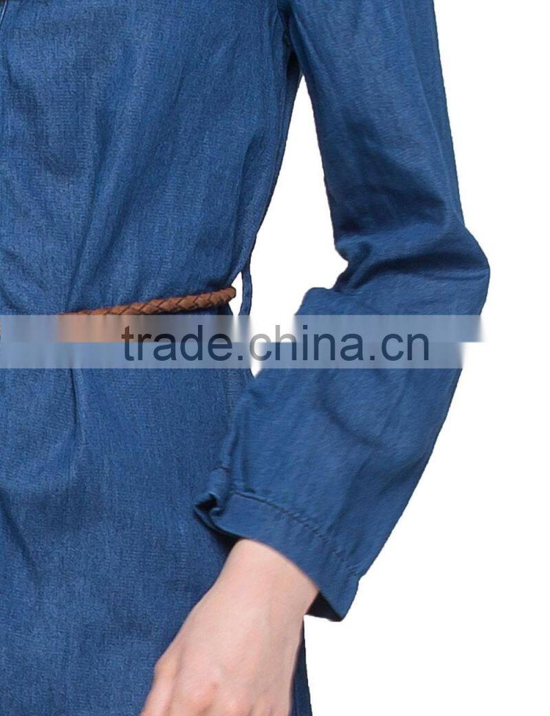 Ladies new design jeans long sleeve casual cotton longline curved hem shirt/blouse