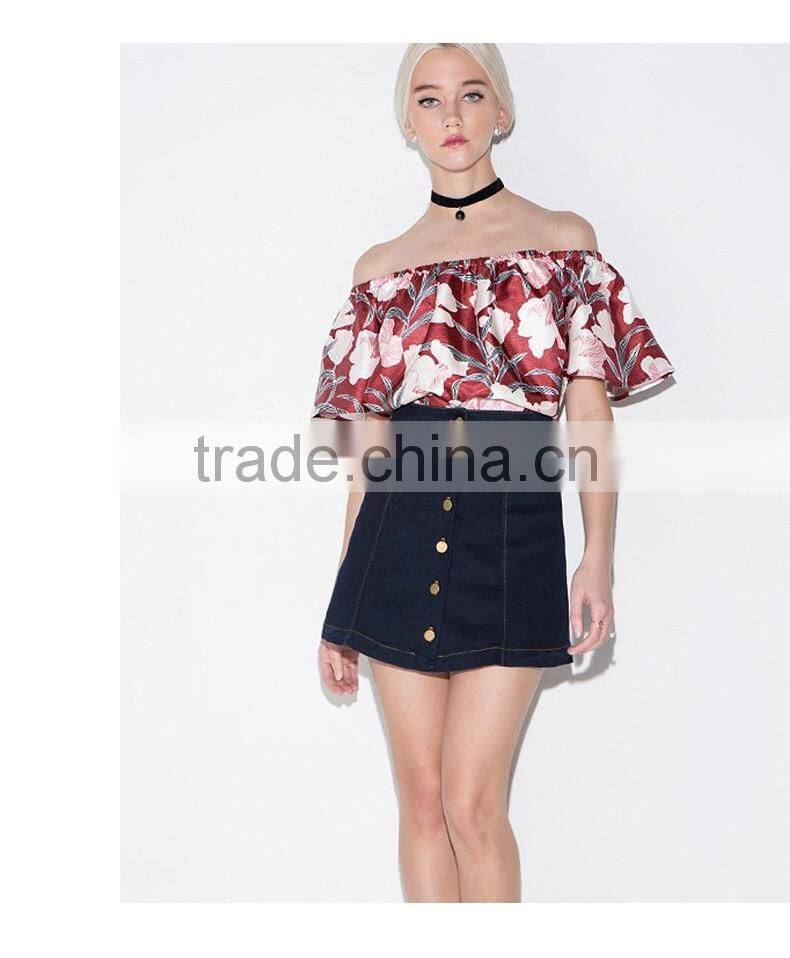 2016 ladies floral printing cross-collar boat neck strapless vintage shirt/blouse