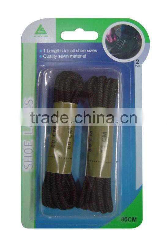 Blister card package polyester round black colored shoe laces