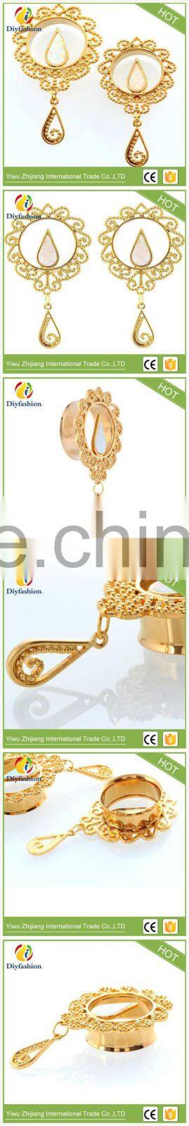 Gold copper opal hollowed-out flower long ear plug