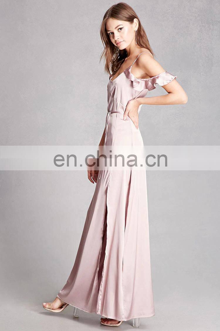 Trendy Satin Open Shoulders Maxi Dress with Self-tie Waist