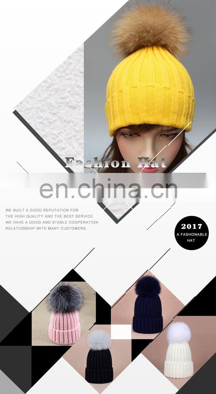 High quality winter lady hats for fashion genuine fur pompon beanie hats