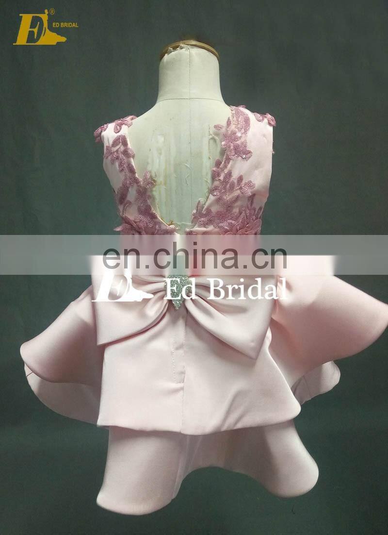 Lovely Pink Color Layers Skirt Bow Back Appliques Short Satin Patterns Real Sample Flower Girl Dress For Wedding