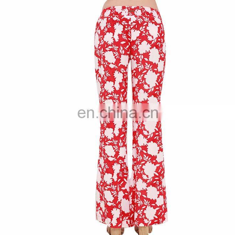 Spring Summer Design Coral Red Floral Print Lady Pants Relax Wide Leg Casual Pants For Women