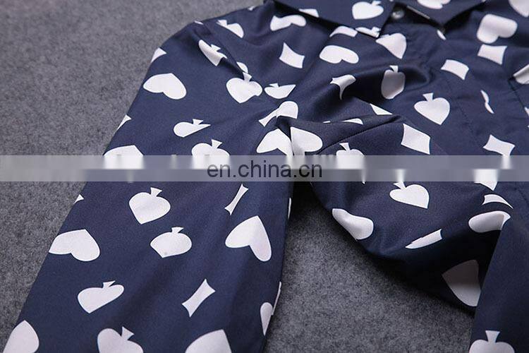 blue color heart shape print two piece over knee dress set