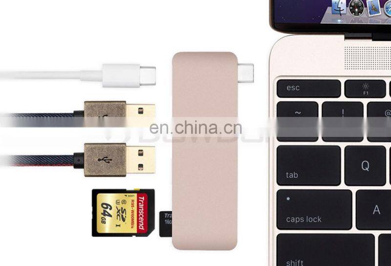 Aluminum Multi-Port Adapter Type-C USB 3.0 5 in 1 Combo Hub with USB-C Charging Port,2 USB 3.0 Ports, SD/Micro Card Reader