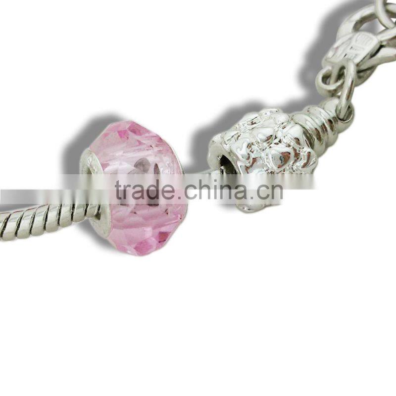 Fashion european beads pink charm bracelet european beaded pink tone charm bracelet