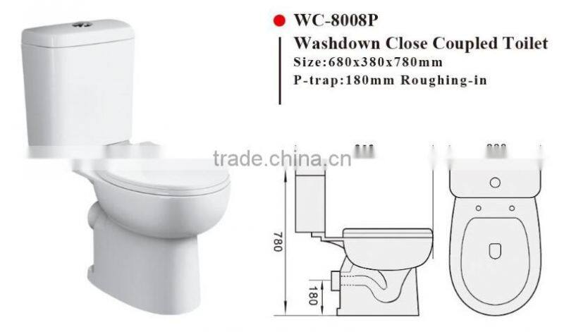 WC-8008P Washdown Two-piece Toilet with Soft Closing Cover Ramp Down Closer, Water Closet Toilet Bowl