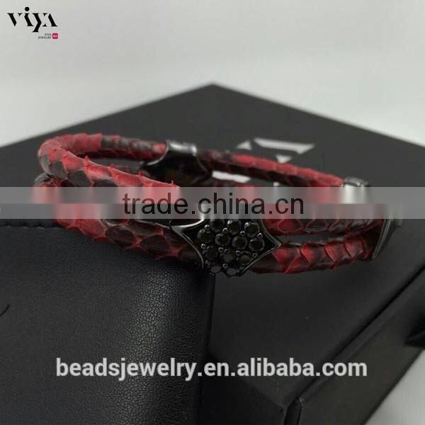 2016 New Custom Men Double Leather Stingray Rose gold Black Stone Bracelet
