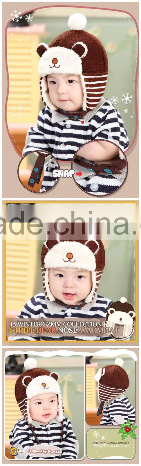 Autumn Winter Newest Checked Striped Bear Style Baby Kids Pom Poms Earflap Winter Wool Hat