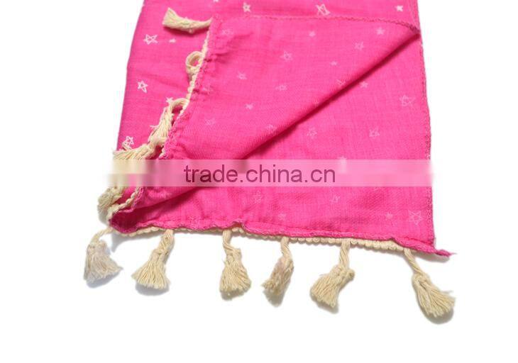 Hot Selling Star Printed Tassel Lace Brim Sewed Boys Girls Kids Linen Cotton Scarf